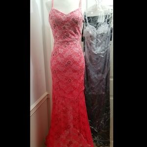Dalia Beaded Ombré Lace Gown w/Red Wrap, XS-ish